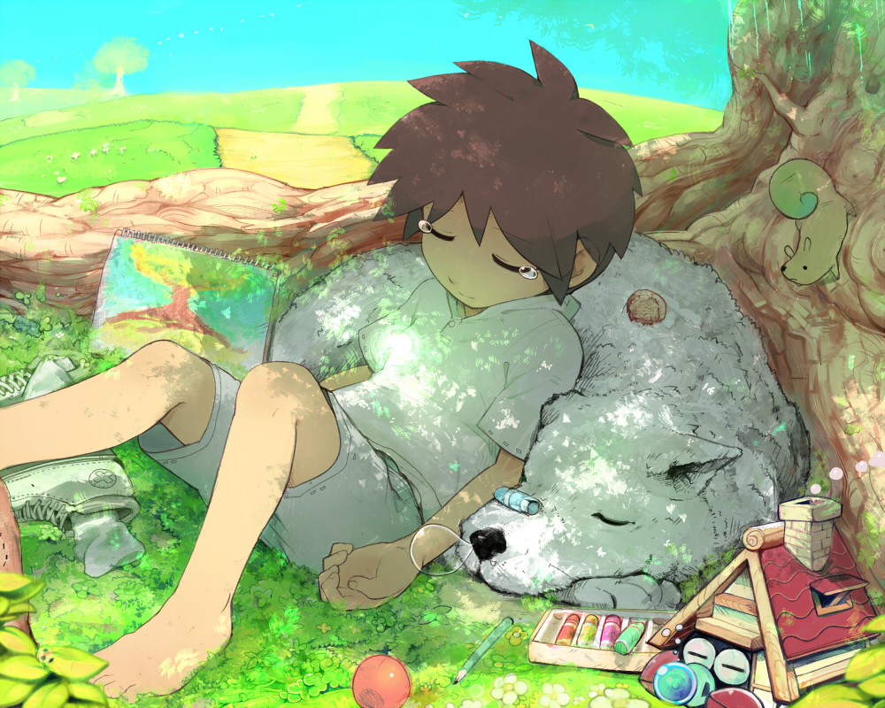 barefoot brown_hair closed_eyes creature dog eyes_closed flower leaf mononoke_(empty) nose_bubble original painting_(object) plant shoes short_hair sketchbook sleeping sneakers squirrel tears tree