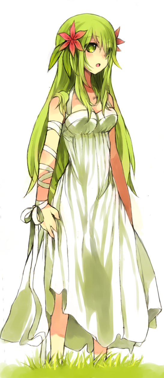 bare_shoulders dress flower green_eyes green_hair hair_flower hair_ornament highres long_hair open_mouth personification pokemon puddingpudding shaymin simple_background sleeveless solo white_background white_dress
