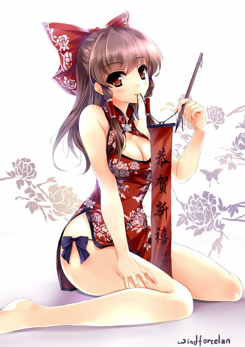 1girl alternate_costume banner bare_legs barefoot bow breasts brown_eyes brown_hair calligraphy_brush china_dress chinese_clothes cleavage cleavage_cutout floral_background flower hair_bow hair_tubes hakurei_reimu hand_on_thigh holding legs looking_at_viewer misaki_kurehito_(style) mouth_hold new_year paintbrush patterned ribbon rose signature sitting sleeveless smile solo string touhou wariza windforcelan