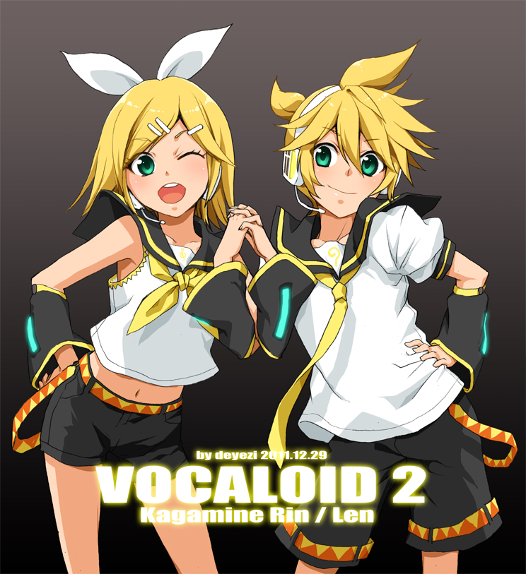 1girl aqua_eyes arm_warmers blonde_hair brother_and_sister character_name denim denim_shorts detached_sleeves deyezi hair_ornament hair_ribbon hairclip hand_holding headphones headset holding_hands kagamine_len kagamine_rin navel necktie open_mouth ribbon short_hair shorts siblings smile twins vocaloid wink