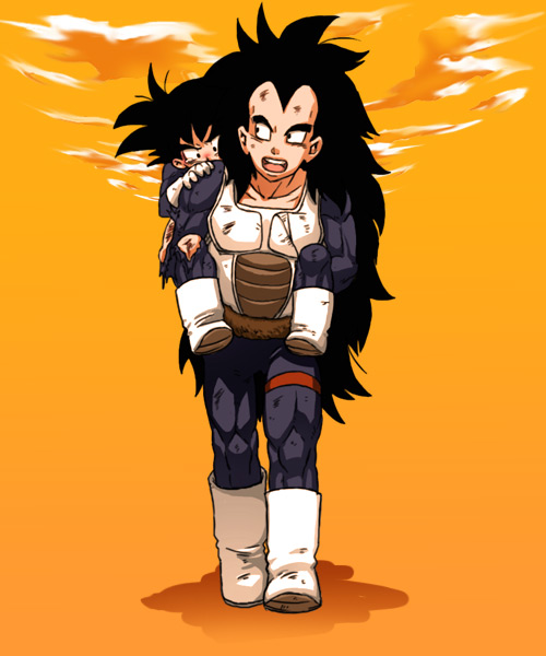 armor black_hair boots brothers dragon_ball dragon_ball_z dragonball_z gloves long_hair makumaku multiple_boys orange_background piggyback raditz siblings simple_background size_difference son_gohan son_gokuu spiked_hair spiky_hair tail tears young