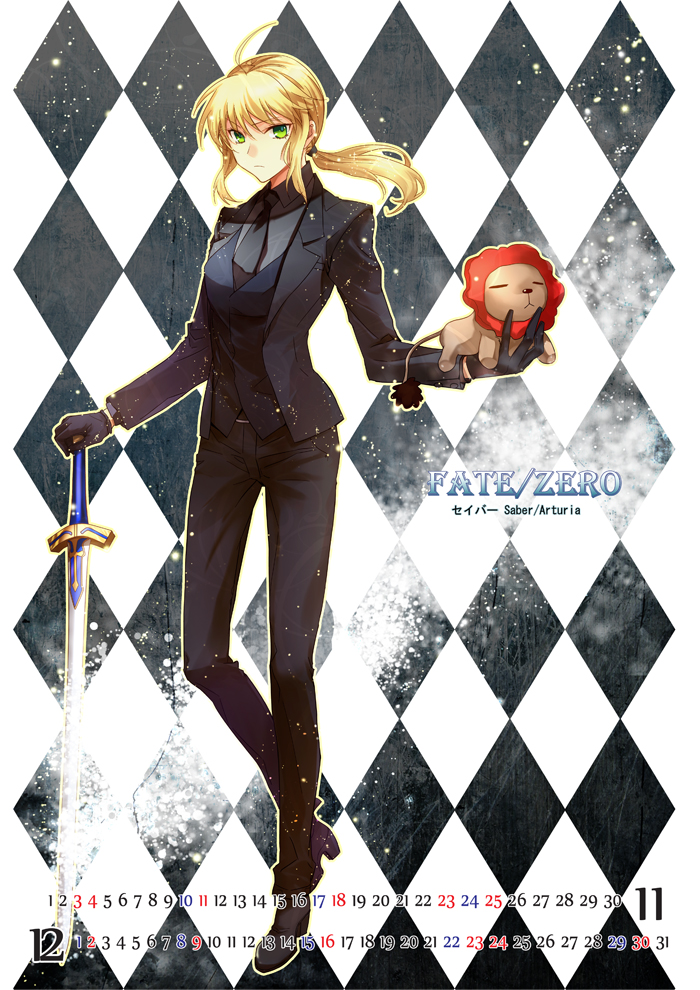 ahoge argyle argyle_background blonde_hair excalibur fate/stay_night fate/zero fate_(series) formal green_eyes hand_on_hilt lion long_hair pant_suit ponytail rider_(fate/zero) saber solo stuffed_animal stuffed_lion stuffed_toy suit sword title_drop weapon xingna