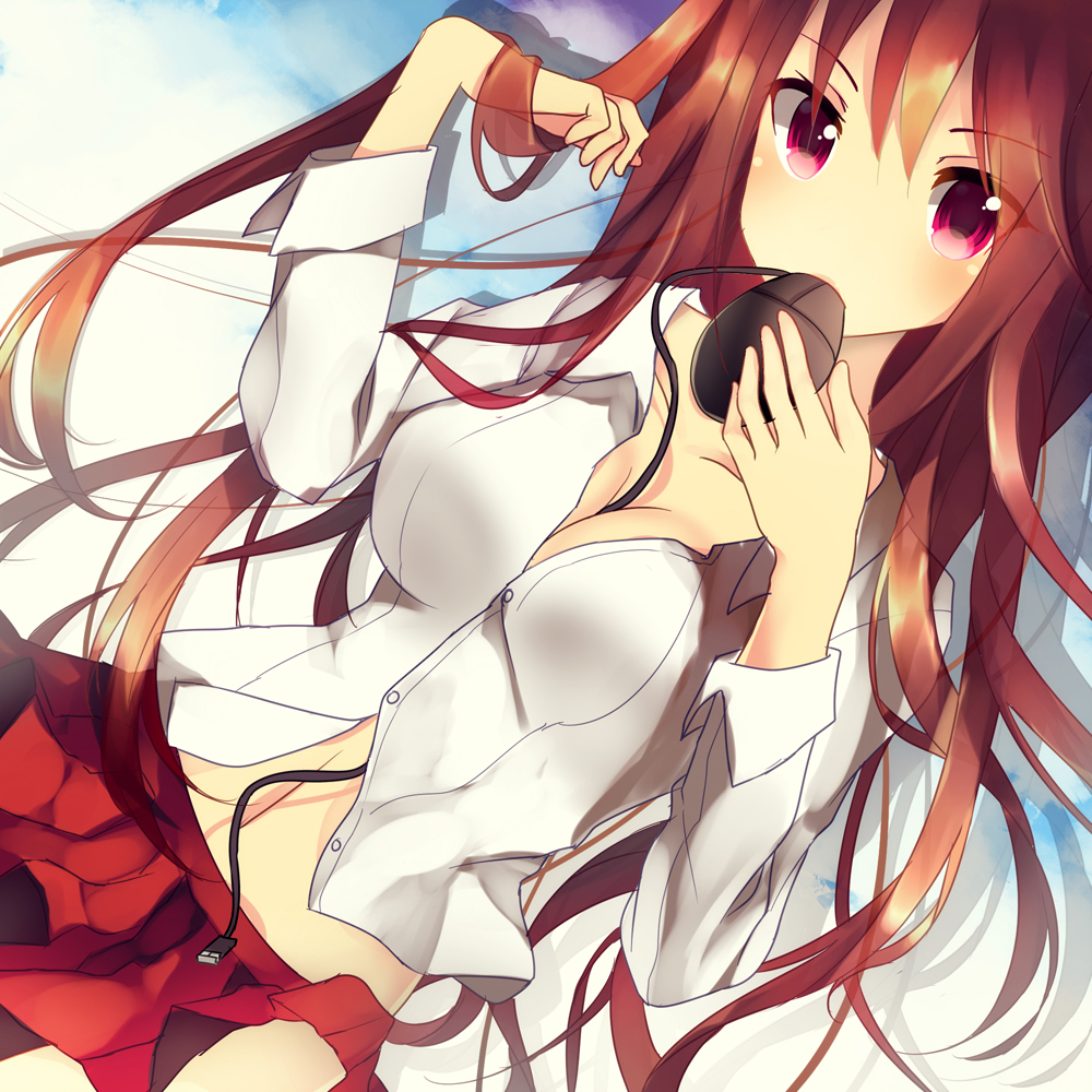between_breasts bisonbison blush breasts brown_hair cleavage computer_mouse long_hair looking_at_viewer mouth_hold no_bra original red_eyes red_skirt skirt solo