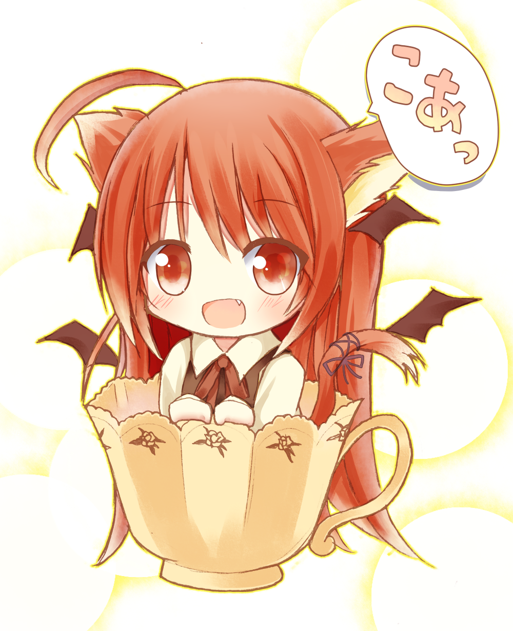 1girl :d ahoge animal_ears bat_wings blush bowtie cat_ears cat_tail chibi child cup detached_wings dress_shirt fang head_wings highres in_container in_cup kemonomimi_mode koa_(phrase) koakuma minigirl open_mouth red_eyes red_hair redhead ribbon shirt smile solo tail tail_ribbon teacup touhou vest wings yuuhagi_(amaretto-no-natsu)