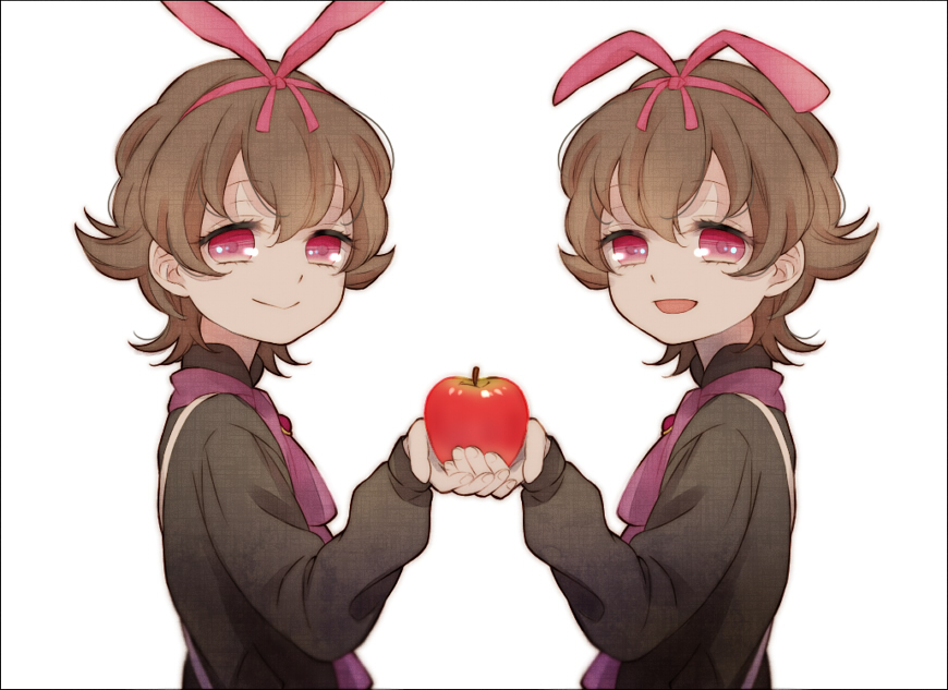 :&gt; apple ascot black_hair border brooch brothers food fruit hair_ribbon holding holding_apple holding_fruit jewelry looking_at_viewer male mawaru_penguindrum multiple_boys open_mouth red_eyes ribbon shirase_(mawaru_penguindrum) short_hair siblings simple_background souya_(mawaru_penguindrum) sukimame suspenders trap twins