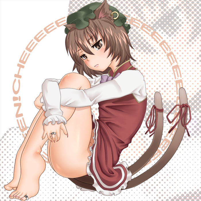 1girl animal_ears brown_eyes brown_hair cat_ears cat_tail chen hat jewelry kurone leg_hug no_panties ring solo tail thigh-highs thighhighs touhou