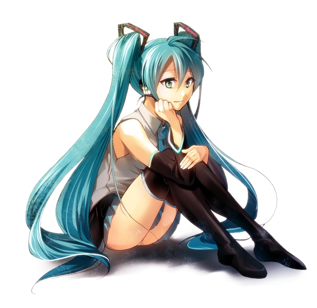 aqua_hair chin_rest detached_sleeves green_eyes hatsune_miku hirococo hirococo_(hakka) long_hair necktie sitting skirt solo thigh-highs thighhighs twintails very_long_hair vocaloid