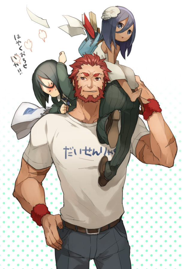 2boys assassin_(fate/zero) beard black_hair casual child child_assassin_(fate/zero) dark_skin dress facial_hair fate/stay_night fate/zero fate_(series) jeans male mask mu_tation multiple_boys over_shoulder purple_eyes purple_hair red_eyes red_hair redhead rider_(fate/zero) short_hair t-shirt violet_eyes waver_velvet