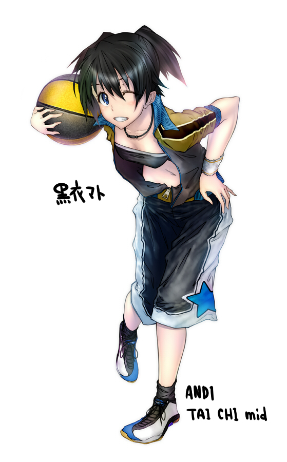 basketball black_hair black_rock_shooter blue_eyes grin hand_on_hip hips kuroi_mato navel open_clothes open_jacket shoes short_twintails shorts smile sneakers solo sweatband tobimaru tubetop twintails wink