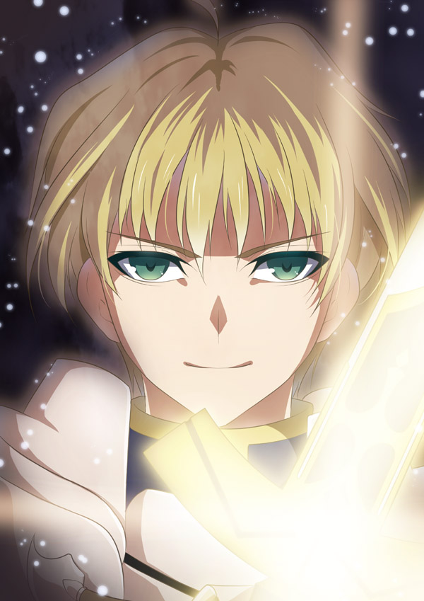 ahoge archetype_saber blonde_hair excalibur fate/prototype fate/stay_night fate_(series) glowing glowing_sword glowing_weapon green_eyes male nina_(pastime) saber_(fate/prototype) short_hair solo sword weapon