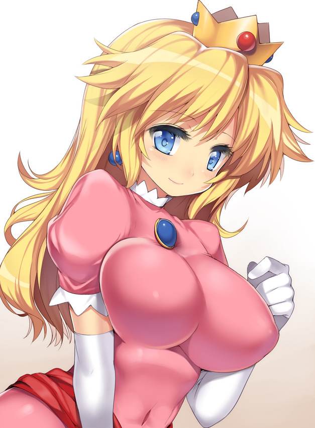 blonde_hair blue_eyes breasts brooch bust crown earrings elbow_gloves female gloves impossible_clothes impossible_clothing jewelry large_breasts long_hair nagase_haruhito navel nintendo princess princess_peach smile solo super_mario_bros. white_background white_gloves
