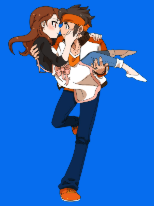 1girl adult bio-cat blue_background blush brown_eyes brown_hair carrying couple endou_mamoru eye_contact hand_on_face happy husband_and_wife inazuma_eleven inazuma_eleven_(series) inazuma_eleven_go incipient_kiss long_hair love princess_carry raimon_natsumi running short_hair simple_background smile