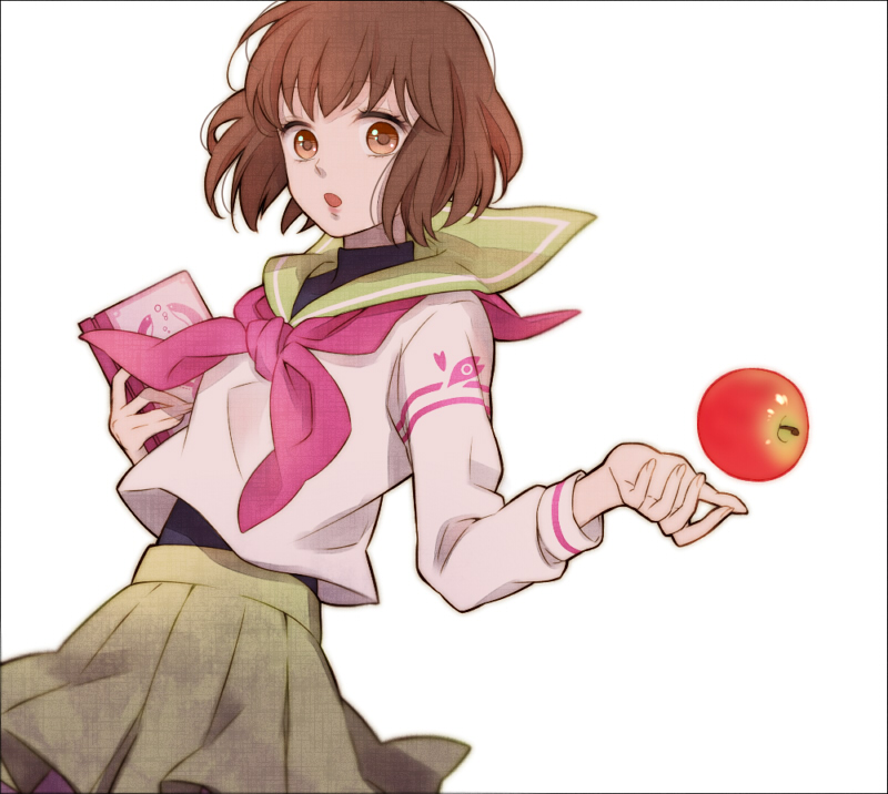 :o apple bob_cut book border brown_eyes brown_hair diary food fruit holding holding_book looking_at_viewer mawaru_penguindrum object_namesake oginome_ringo open_mouth school_uniform serafuku short_hair simple_background skirt solo sukimame turtleneck