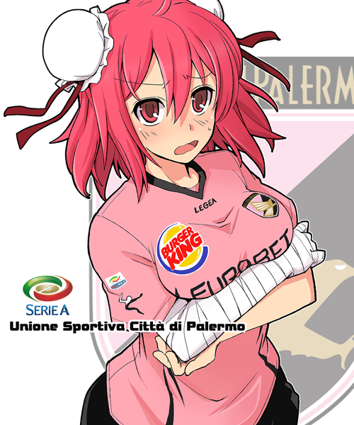 alternate_costume bandage bandages breast_hold breasts bun_cover burger_king clothes_writing clothing_writing crossed_arms double_bun fujii_jun ibara_kasen ibaraki_kasen large_breasts pink_eyes pink_hair product_placement shirt short_hair soccer_uniform solo sportswear touhou us_citta_di_palermo us_citta_di_palmero