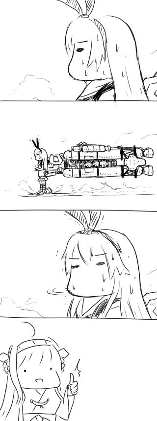 2girls 4koma ahoge animal_ears armored_core comic delphinus hairband headgear kantai_collection kongou_(kantai_collection) long_hair machinery multiple_girls parody rabbit_ears shimakaze_(kantai_collection) sketch sweat sweatdrop thumbs_up