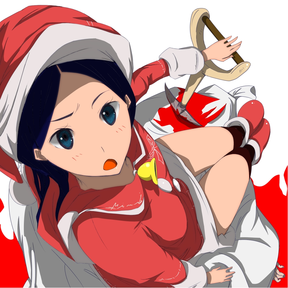 :o bangs bare_legs bell black_hair blood blue_eyes boots from_above hat kitsu_chiri legs long_hair looking_at_viewer looking_up open_mouth parted_bangs perspective raised_eyebrow sack santa_costume santa_hat sayonara_zetsubou_sensei shovel simple_background sitting solo white_background worktool