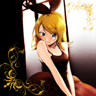 bare_shoulders blonde_hair blue_eyes blush dress formal hirococo hirococo_(hakka) kagamine_rin lowres smile solo v_arms vocaloid