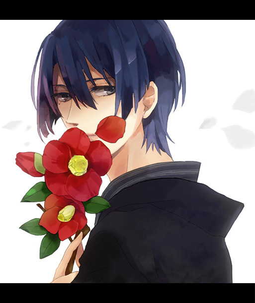 bad_id blue_hair camellia_(flower) flower hijirikawa_masato kinugoshi letterboxed male red_flower short_hair solo uta_no_prince-sama