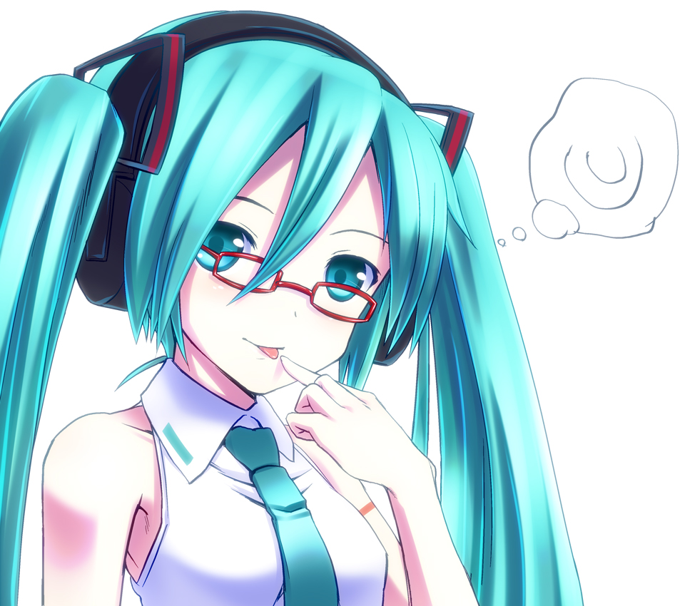 :p aqua_eyes aqua_hair bare_shoulders bespectacled face glasses hatsune_miku headphones long_hair looking_at_viewer mochisuke_teru necktie simple_background smile solo thought_bubble tongue twintails vocaloid vocaloid_(lat-type_ver)