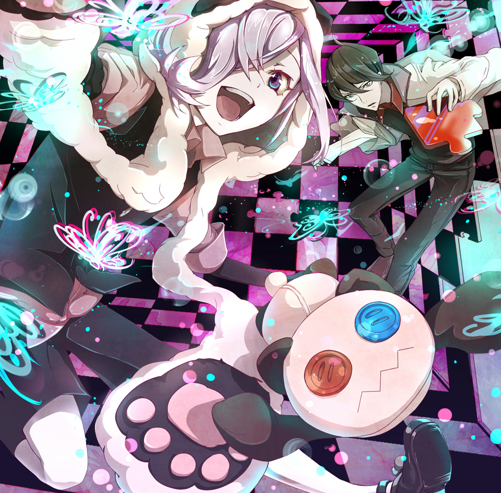 black_hair butterfly button_eyes buttons checkered checkered_background green_eyes hair_over_one_eye highres hoodie inga jacket looking_at_viewer open_mouth panda_hat purple_eyes puzzle_piece shirt short_hair shorts silver_hair soramu stuffed_animal stuffed_toy un-go vest violet_eyes yuuki_shinjuurou