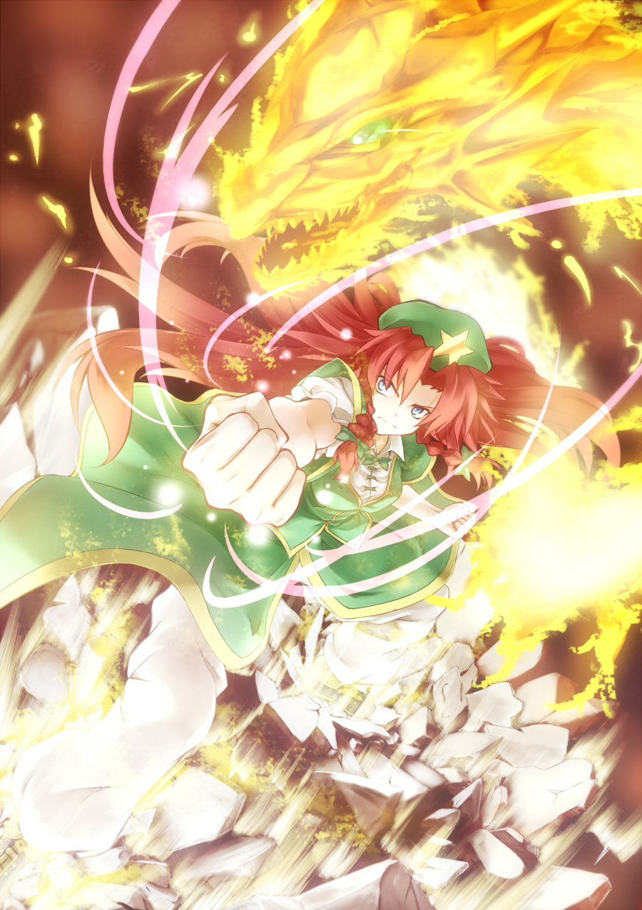 &gt;:| beret blue_eyes braid breasts chaigidhiell chinese_clothes clenched_hands dragon fighting_stance fire fist green_eyes ground ground_shatter hair_ribbon hat highres hong_meiling long_hair pants red_hair redhead ribbon serious sharp_teeth short_sleeves solo star touhou twin_braids