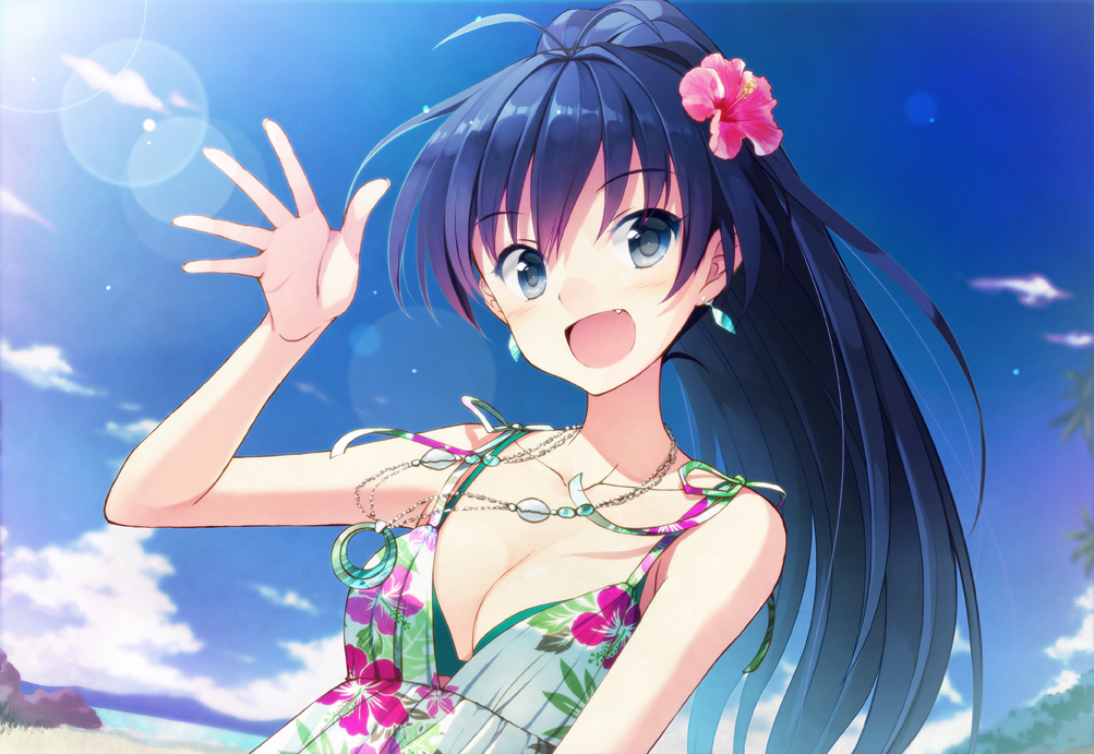 black_hair blue_eyes breasts cleavage earrings fang flower ganaha_hibiki hair_flower hair_ornament hibiscus idolmaster jewelry long_hair necklace nekota_chihiro open_mouth ponytail solo