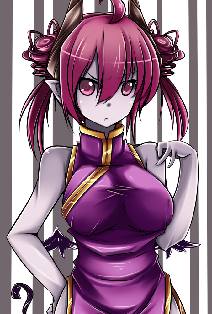:t ahoge bad_id bare_shoulders cheongsam china_dress chinese_clothes dark_skin demon demon_girl demon_tail drill_hair grey_skin hand_on_hip horns mini_wings original pako_(moto_paco) paromi pink_eyes pink_hair pointy_ears purple_eyes purple_hair qipao short_twintails side_slit solo tail twin_drills twintails violet_eyes wings