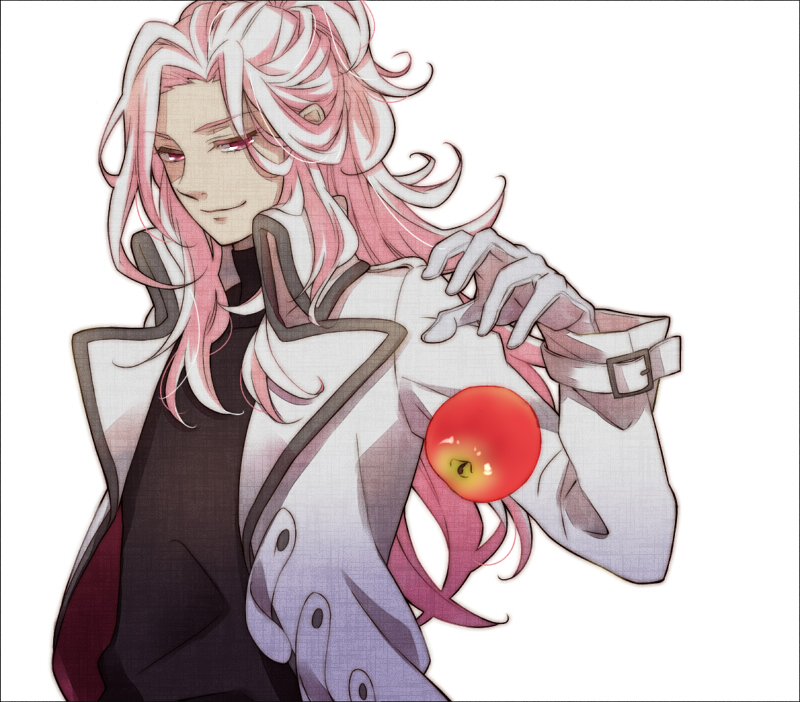 apple border coat food fruit gloves long_hair looking_at_viewer male mawaru_penguindrum pink_eyes pink_hair simple_background smirk solo sukimame turtleneck watase_sanetoshi white_gloves