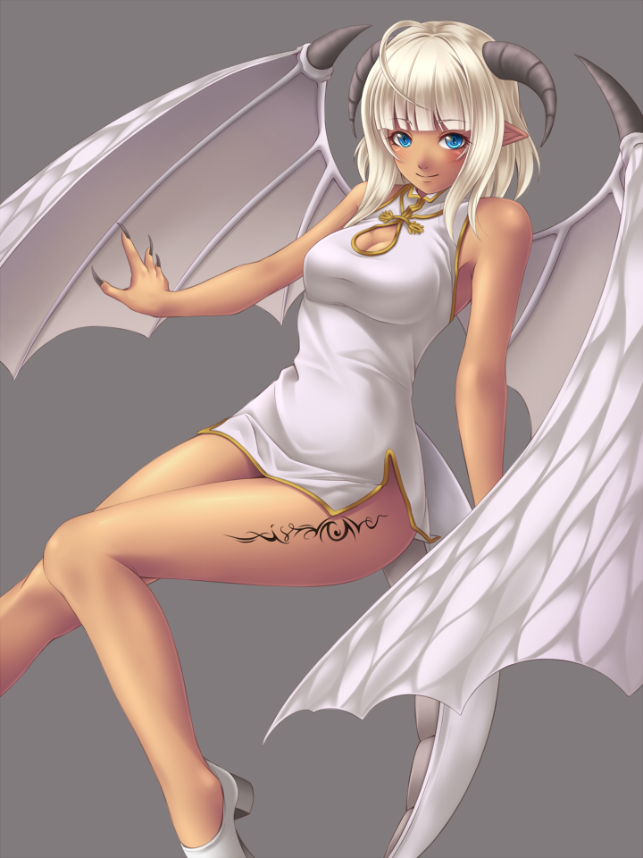 ahoge bare_arms bare_legs blue_eyes breasts china_dress chinese_clothes claws cleavage cleavage_cutout dark_skin dragon_girl dragon_tail dragon_wings fingernails grey_background horns long_fingernails looking_at_viewer mochi.f no_panties original pointy_ears shoes short_hair sleeveless slit_pupils smile solo tail tattoo white_hair wings