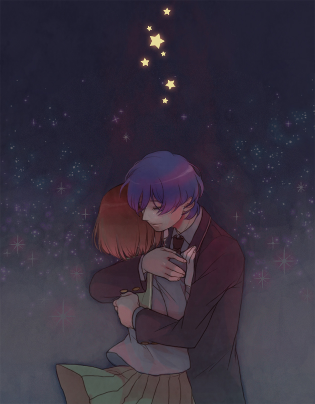 1girl blazer blue_hair brown_hair closed_eyes couple eyes_closed hands_on_another's_chest hug kichiko mawaru_penguindrum necktie night night_sky oginome_ringo school_uniform serafuku short_hair sky star star_(sky) starry_sky takakura_shouma