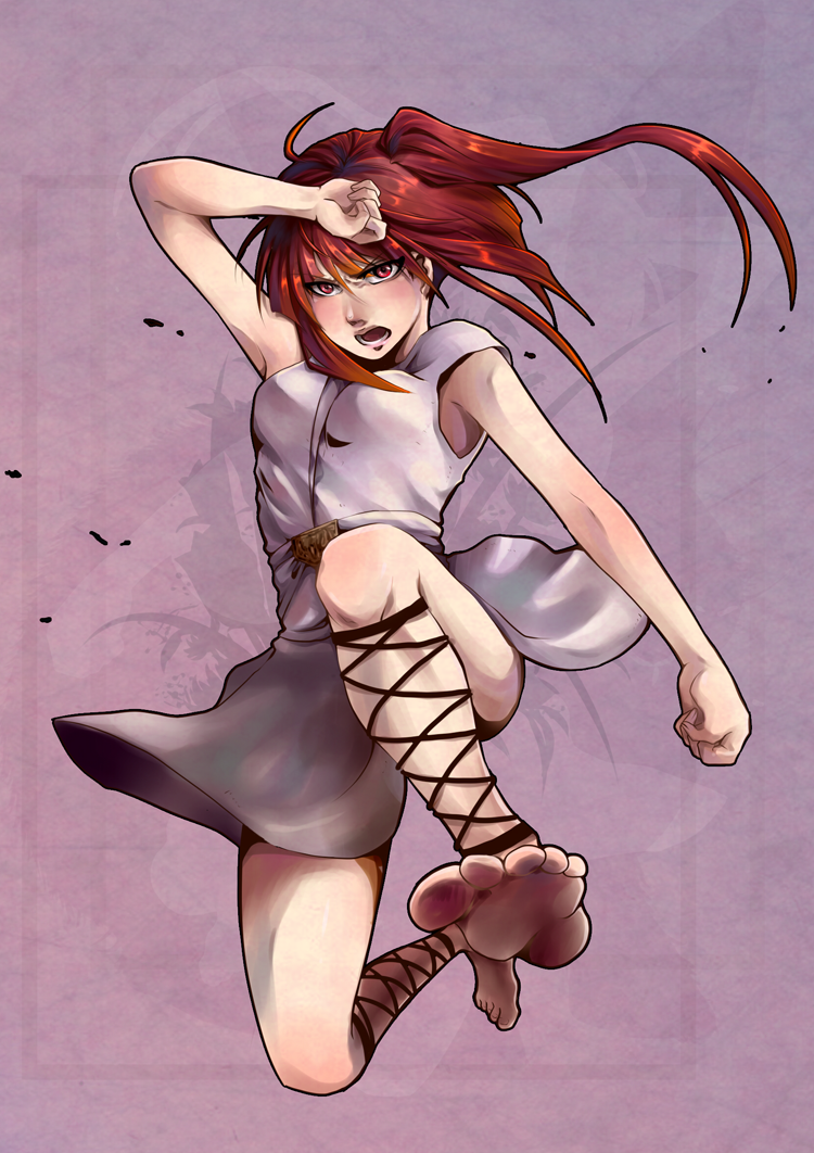 ankle_lace-up bad_feet bad_id barefoot cross-laced_footwear dirty_feet dress feet fighting_stance jumping magi_the_labyrinth_of_magic morgiana red_eyes red_hair redhead simple_background soles solo toes tsanyu07 white_dress