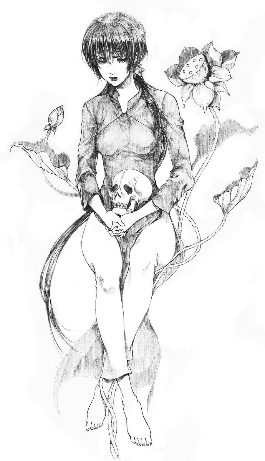 axis_powers_hetalia barefoot closed_eyes crossed_ankles eyes_closed feet fingernails flower hair_flower hair_ornament hands_clasped highres lips lipstick long_hair long_sleeves makeup monochrome pants ponytail short_hair sitting sketch skull solo sweetcrescent thorn thorns toenails vietnam vietnam_(hetalia) vietnamese_dress