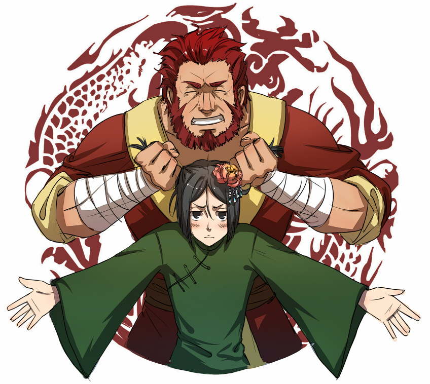 bangs beard black_eyes black_hair blush chinese_clothes dragon facial_hair fate/zero fate_(series) hair_ornament hair_pull lialli male multiple_boys oustretched_arms outstretched_arms parted_bangs pulling_hair red_hair redhead rider_(fate/zero) short_hair spread_arms two_side_up waver_velvet