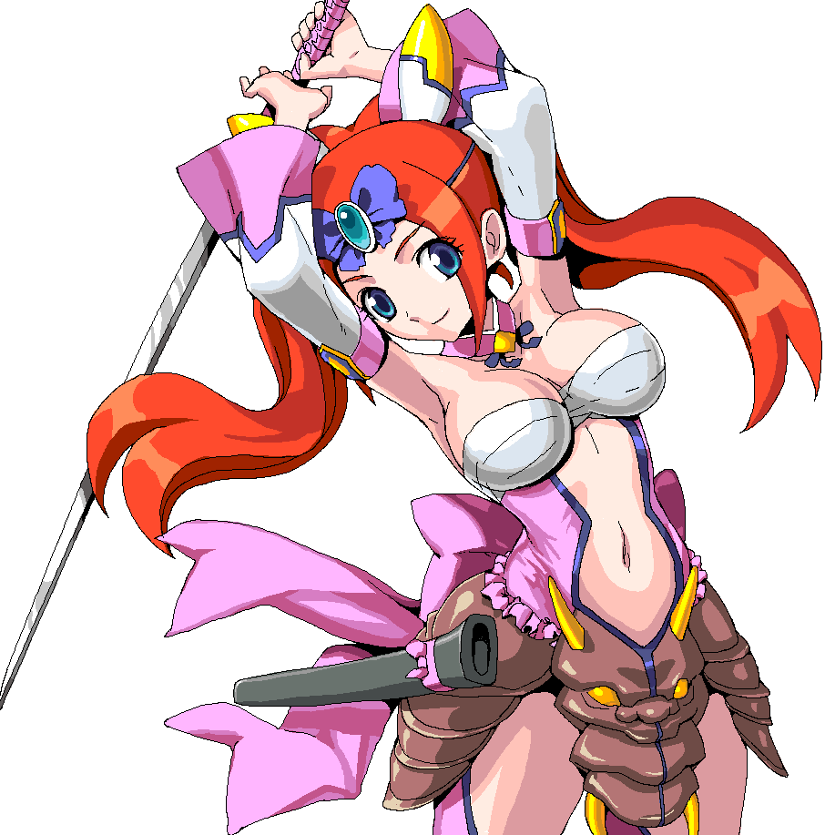 armor armpits arms_up blue_eyes breasts cleavage hanafuuma_gesshi impossible_clothes impossible_clothing katana konami koyopi large_breasts navel otomedius otomedius_excellent red_hair redhead sarashi scabbard simple_background solo sword twintails weapon white_background