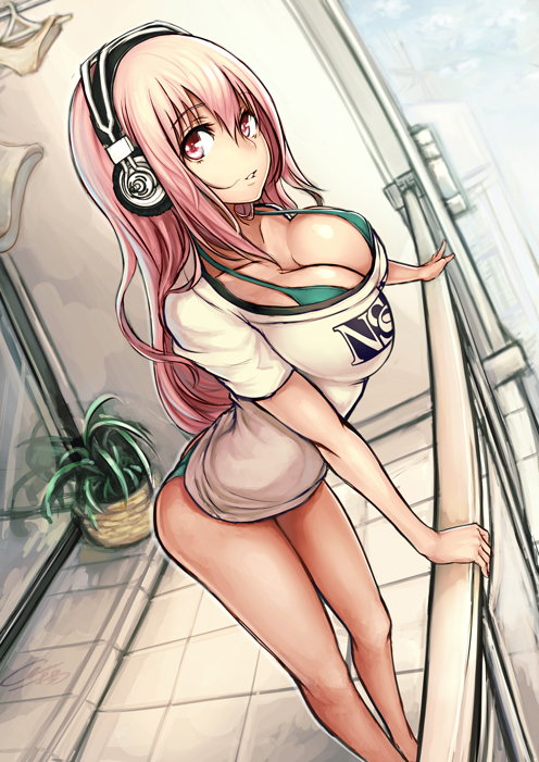 :o bikini breasts cleavage evan_yang headphones large_breasts long_hair looking_at_viewer nitroplus pink_eyes pink_hair solo sonico strap_gap super_sonico swimsuit swimsuit_under_clothes