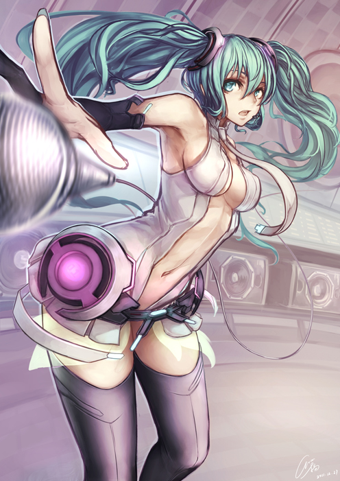 aqua_eyes aqua_hair armpits breasts center_opening evan_yang female girl hatsune_miku hatsune_miku_(append) long_hair microphone miku_append navel necktie solo thigh-highs thighhighs twintails vocaloid vocaloid_append
