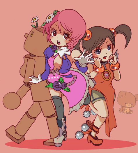 3girls alisa_boskonovich android boots breasts brown_hair center_opening chibi china_dress chinese_clothes dress flower gloves hair_bobbles hair_flower hair_ornament ling_xiaoyu mokujin multiple_girls pink_hair short_twintails shorts stuffed_animal stuffed_toy teddy_bear tekken thigh-highs thighhighs twintails