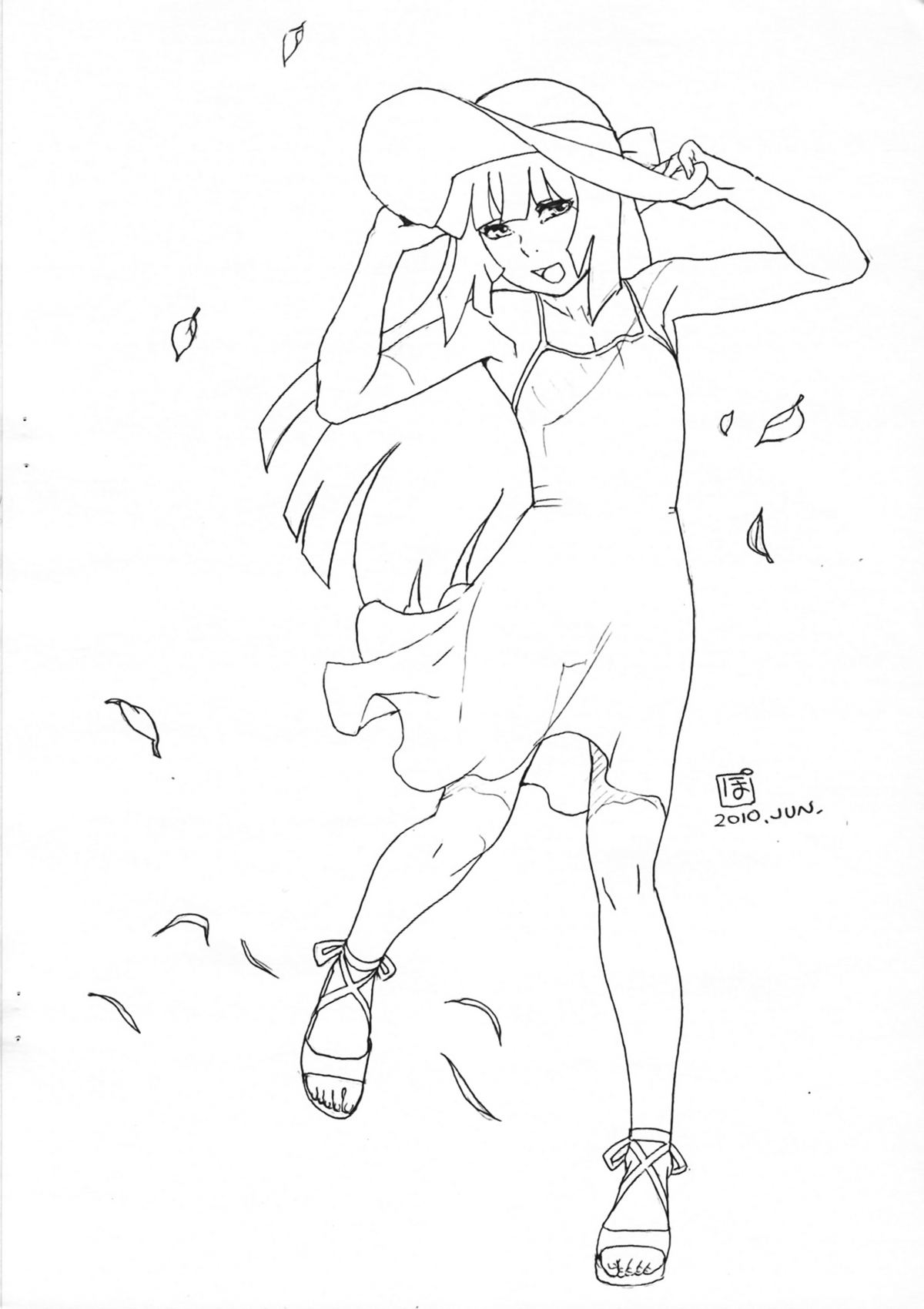 1boy androgynous armpits bare_shoulders crossdressinging dress hat highres leaf long_hair male monochrome natsuki_(natsuyasumi.) natsuyasumi. official_art open_mouth po-ju sandals scan see-through signature simple_background sketch solo summer sun_hat sundress trap wind work_in_progress