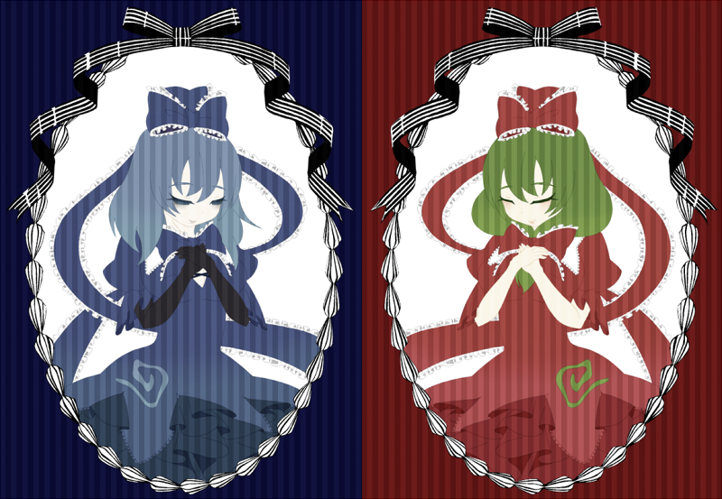 aeromonas alternate_costume alternate_hairstyle blue_dress blue_hair blush bow closed_eyes comparison dress dual_persona eyes_closed flat_color frame frills front_ponytail green_hair hair_bow hair_ornament hair_ribbon hands_on_own_chest kagiyama_hina kuma-hina long_hair multiple_girls no_lineart red_dress ribbon smile striped striped_background touhou