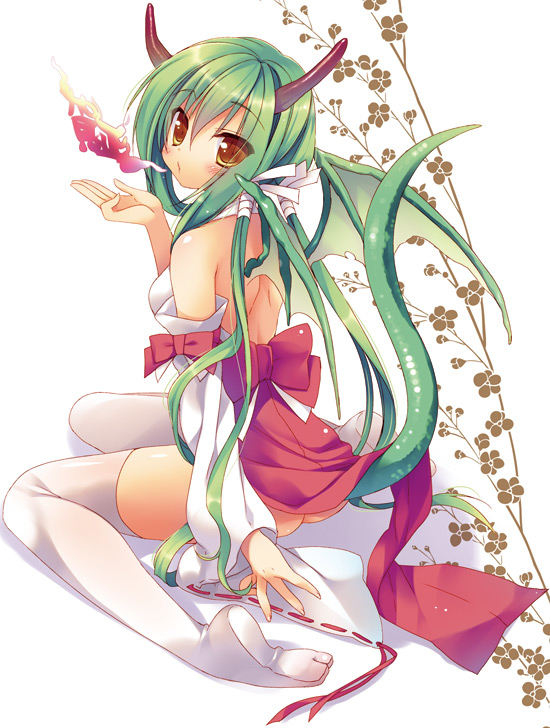 back bare_back bare_shoulders blush bow breathing_fire dragon_girl dragon_tail dragon_wings fire flame green_hair horn japanese_clothes long_hair looking_at_viewer miko no_shoes original sazaki_ichiri sitting solo tabi tail thigh-highs thighhighs wariza white_background white_legwear wings yellow_eyes