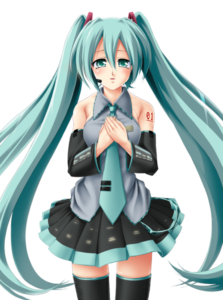 aqua_eyes aqua_hair detached_sleeves hand_on_own_chest hands_on_own_chest hatsune_miku headset long_hair necktie road_(artist) simple_background skirt solo thigh-highs thighhighs twintails very_long_hair vocaloid white_background