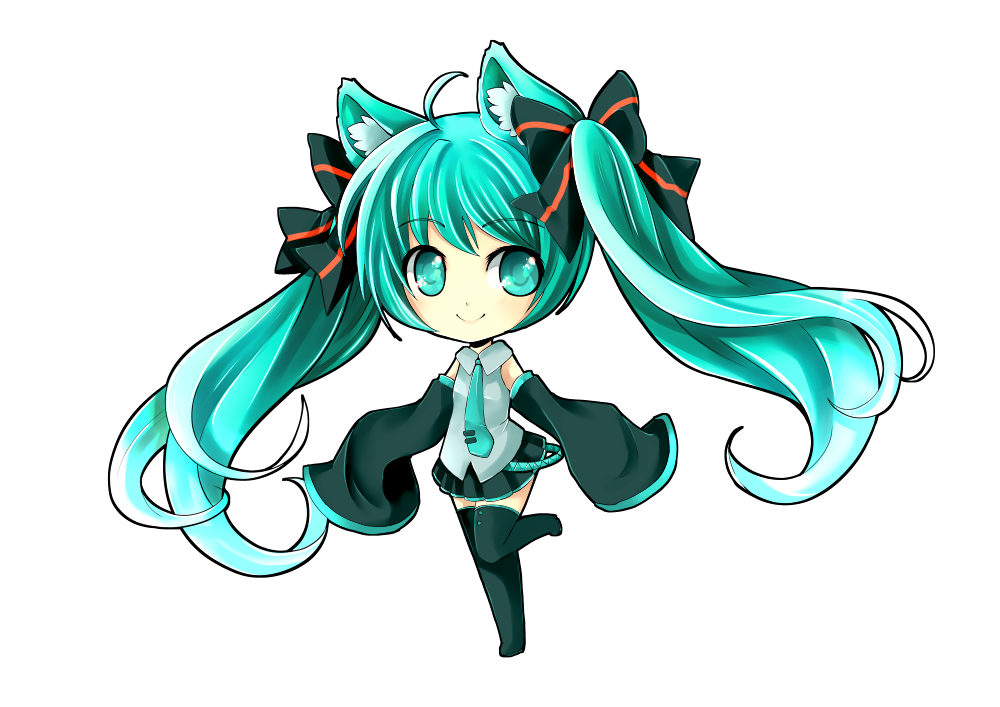 ahoge animal_ears aqua_eyes aqua_hair cat_ears chibi detached_sleeves hair_ribbon hatsune_miku kenneos leg_lift long_hair necktie ribbon simple_background skirt sleeves_past_wrists smile solo thigh-highs thighhighs transparent_background twintails very_long_hair vocaloid white_background