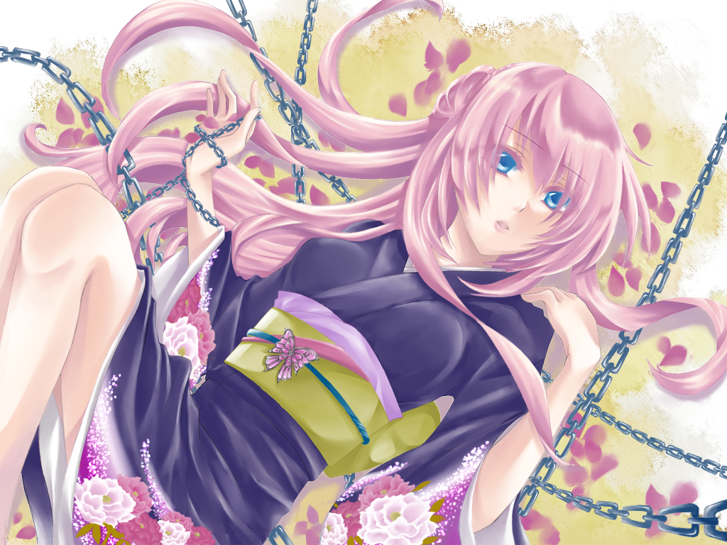 chain chains flower_petals japanese_clothes kimono kurone_kuroneko megurine_luka petals pink_hair vocaloid