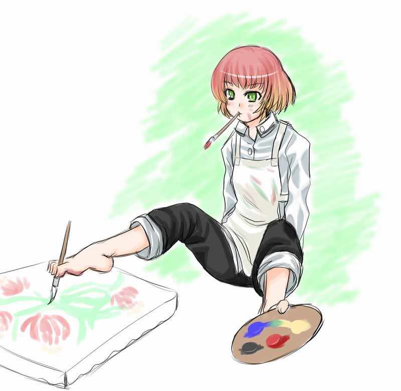 amputee apron barefoot between_toes feet green_eyes katawa_shoujo kekekeke mouth_hold paintbrush painting painting_(object) palette pants_rolled_up prehensile_toes red_hair redhead short_hair sketch solo tezuka_rin