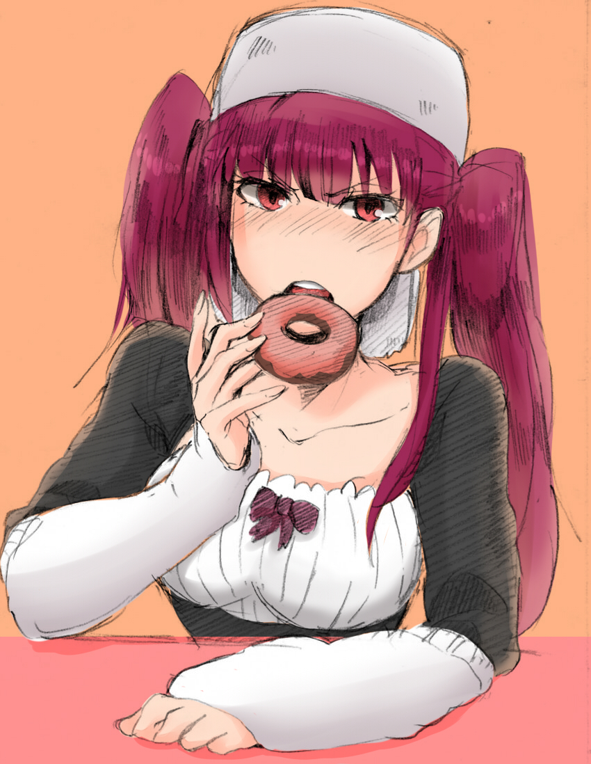 1girl bleach dokugamine_riruka doughnut eating hat long_hair mochiko_(tvygbntl) pink_eyes pink_hair solo twintails