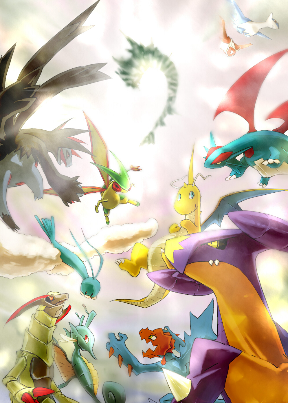 altaria appe blue_eyes dragon dragonite druddigon flygon garchomp gyarados haxorus highres hydreigon kingdra latias latios no_humans odd_one_out pokemon pokemon_(creature) red_eyes salamence wings yellow_eyes