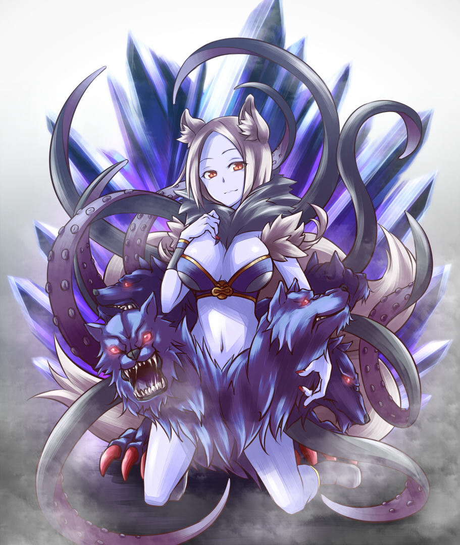 animal_ears bad_id blue_skin bracer breasts claws dog_ears glowing glowing_eyes heripu kneeling large_breasts light_smile midriff monster_girl multiple_heads multiple_tails nail_polish navel red_eyes saliva scylla scyllei sharp_teeth shinrabanshou shoes silver_hair solo tail tentacle tentacles wolf