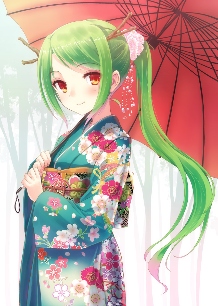 antlers cherry_blossoms dragon_girl dragon_horns floral_print flower green_hair hair_flower hair_ornament highres horns hyuuga_azuri japanese_clothes kimono long_hair nail_polish obi oriental_umbrella original ponytail red_eyes smile solo umbrella