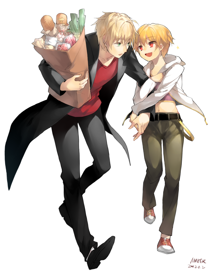arm_grab bag baguette blonde_hair bread casual child child_gilgamesh coat fate/hollow_ataraxia fate/prototype fate_(series) food gilgamesh green_eyes groceries grocery_bag ludwig_mayer male midriff multiple_boys open_mouth paper_bag red_eyes saber_(fate/prototype) shopping_bag short_hair sparkle spring_onion young