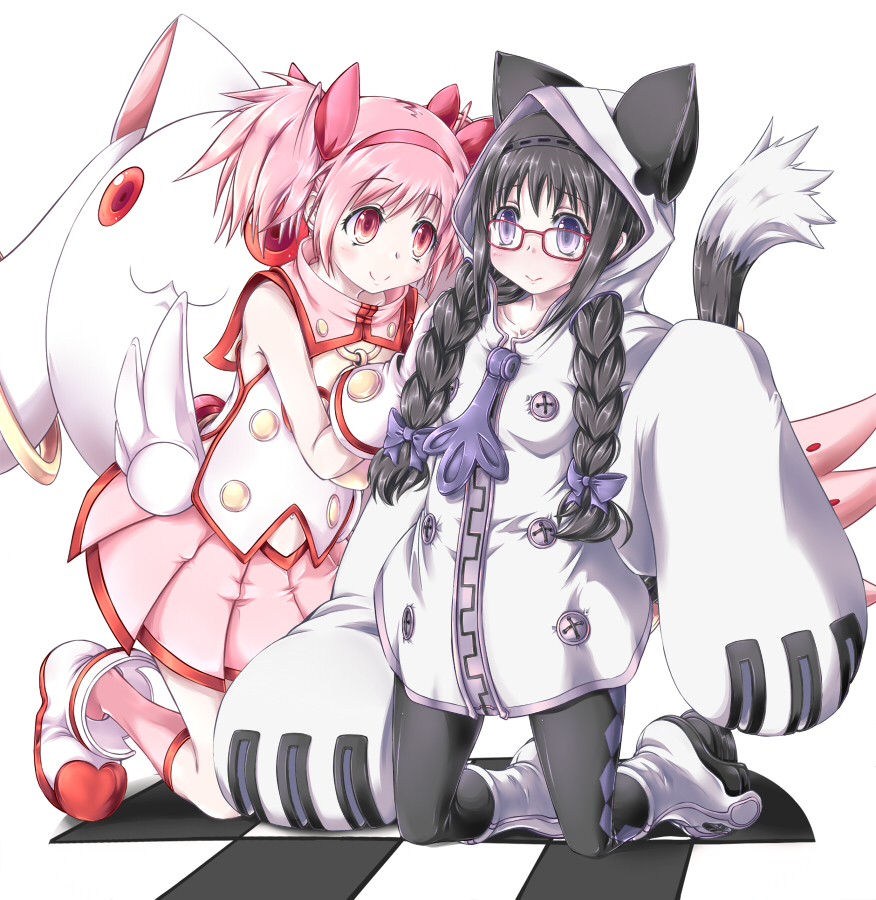 akemi_homura animal_ears blazblue bow braid cat_ears cosplay glasses hair_bow kaname_madoka kneeling kyubey mahou_shoujo_madoka_magica multiple_girls pantyhose pink_eyes platinum_the_trinity platinum_the_trinity_(cosplay) red-framed_glasses saitou_chiwa seiyuu_connection seiyuu_joke short_twintails taokaka taokaka_(cosplay) twin_braids twintails yui_(imprinting) yuuki_aoi